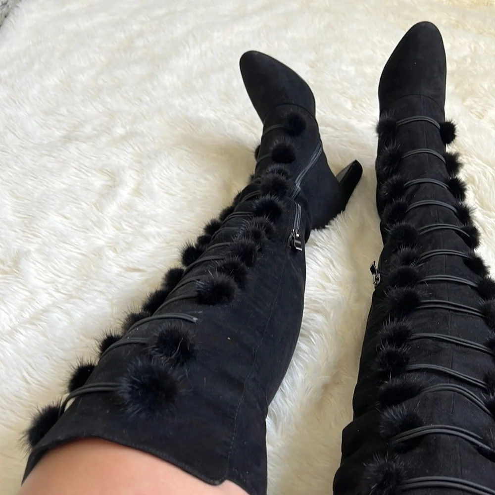 Stevey Faux Fur Pom Pom Knee High Boots